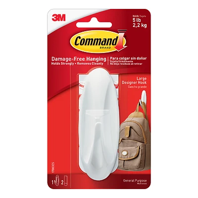 Command 17083 Large Designer Hook, 4-1/8 in L x 1-1/2 in W x 1-1/2 in H Dimensions, 3/4 in Opening, 5 lb, 1-Hook, White