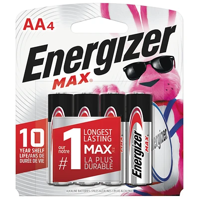 Energizer E91 Series E91BP-4 Battery, 1.5 V Battery, 2850 mAh, AA Battery, Alkaline, Manganese Dioxide, Zinc, Silver