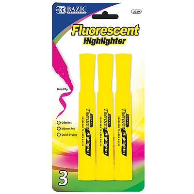 Bazic Products Fluorescent Neon Color Yellow Chisel Tip Highlighter 3 pk