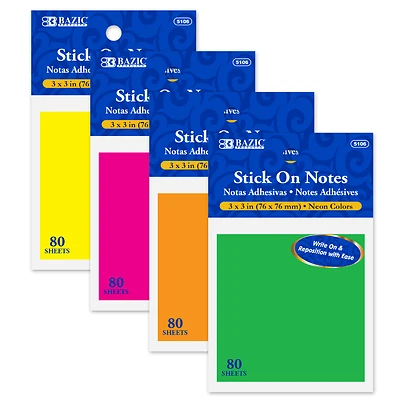 Bazic Products 3 in. W x 3 in. L Assorted Neon Sticky Notes 1 pad
