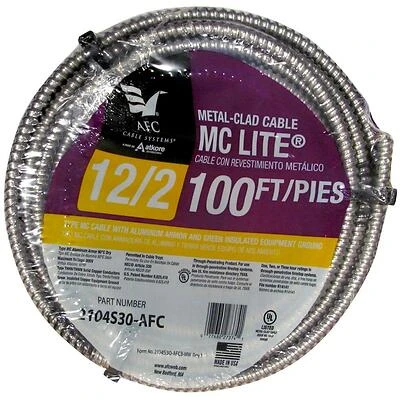 12/2 X 100 Ft. Solid Mc Lite Cable With Green Ground