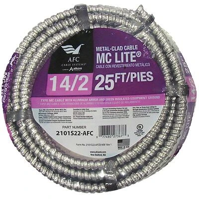 14/2 X 25 Ft. Solid Metal Clad Cable With Green Ground