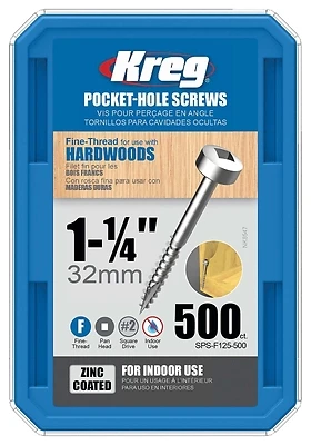 Kreg SPS-F125-500 Pocket-Hole Screws, #6 x 1-1/4 In, Fine Pan-Head, 500 Ct