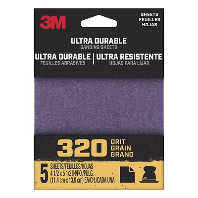 3M 1/4SHT5PK320 Ultra Durable Power Sanding Sheet, 320 Grit, 5-Pk.