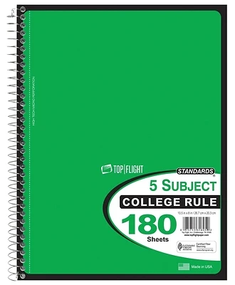 Top Flight WB2185DPF 5-Subject Wirebound Notebook, 180 Sheets, 10.5 x 8 In
