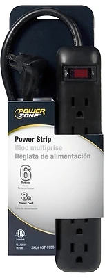 Powerzone Power Strip, 6-Outlet, 15A, 3 Ft Cord, Black
