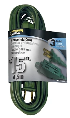 PowerZone OR780615 Indoor Extension Cord, 16 AWG, 3-Outlet, 15 Ft., Green