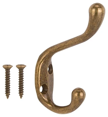 Heavy Duty Coat And Hat Hook, Antique Brass, Die-cast Zinc, 3.39 In.