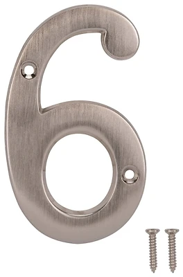 House Number 6, Die-cast Zinc, Satin Nickel Finish, 4 Inch