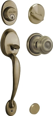 F60plyxgeo609 Plymouth Georgian Handleset With Single Cylinder Deadbolt In Antique Brass