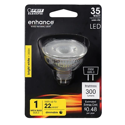 Feit Electric BPFMW/930CA MR16 LED Bulb, 4W, 35W Equivalent, GU5.3, Dimmable