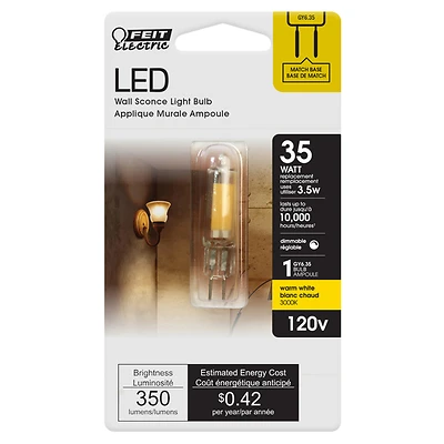 Feit Electric BP35JCD/830/LED LED Bulb, 3.5W, GY6.35, Warm White, Dimmable
