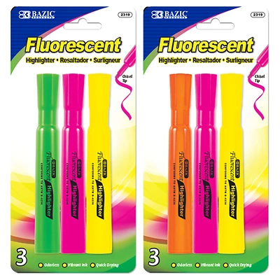 Bazic Products Fluorescent Neon Color Assorted Chisel Tip Highlighter 3 pk