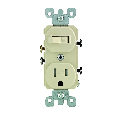 Leviton R51-T5225-0IS Combination Switch/Receptacle, 1-Pole, 15 A, 120 V Switch, 125 V Receptacle