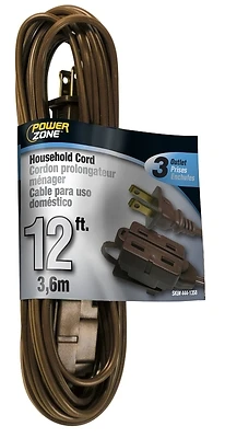 PowerZone OR670612 Indoor Extension Cord, 16 AWG, 3-Outlet, 12 Ft, Brown