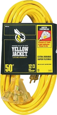 Southwire 2827 Yellow Jacket Power Block Triple-Outlet Extension Cord, 15A, 50 Ft.