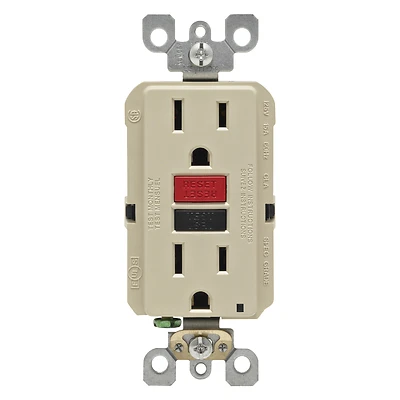 Leviton R71-GFNT1-0RI GFCI Duplex Receptacle, Polycarbonate, Ivory, 2-Pole, 15 A, 125 V, 3-Wire