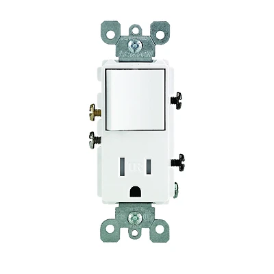 Leviton 5625 Series R62-T5625-0WS Combination Switch/Receptacle, 1-Pole, 15 A, 120 V Switch, 125 V Receptacle, White
