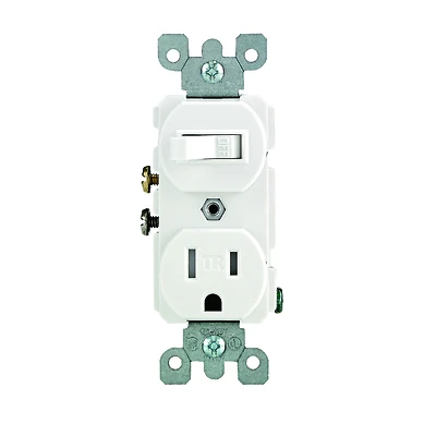Leviton R62-T5225-0WS Combination Switch/Receptacle, 1-Pole, 15 A, 120 V Switch, 125 V Receptacle, White, Wall Mount
