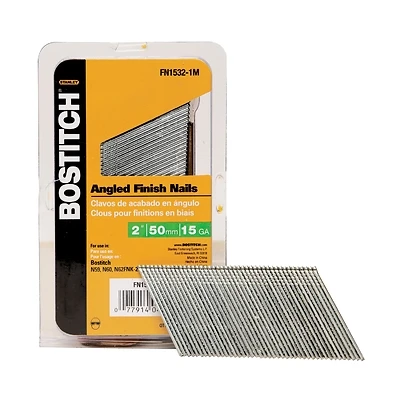 Bostitch FN1532-1M Finish Nail, 2 in L, 15 ga Gauge, Steel, Bright, Flat Head, Smooth Shank