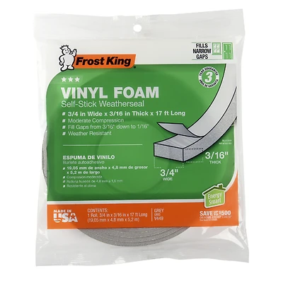 Frost King V449H Vinyl Foam Weatherstrip Tape, 3/4 In. x 17 Ft., Gray