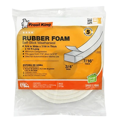 Rubber Foam Weatherseal Tape, 3/4W x 7/16 In. T x 10 Ft.