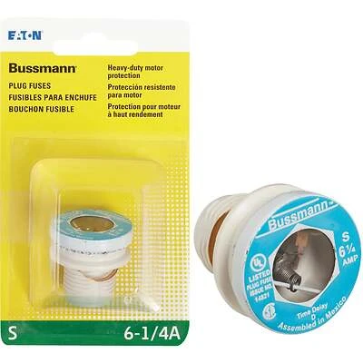 Bussmann S Series BP/S-6-1/4 Plug Fuse, 6.25 A, 125 V, 10 kA Interrupt, Plastic Body, S, Low Voltage, Time Delay Fuse
