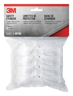 3M 90834-00000B Safety Glasses, Clear Lens, Clear Frame, Anti-Scratch Lens, Polycarbonate Lens, Wraparound Frame