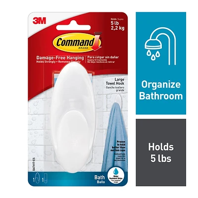 Command BATH17-ES Towel Hook, 5 lb, Plastic