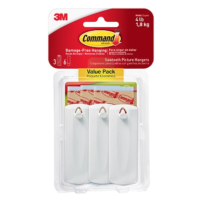 Command 17042 Picture Hanger, 5 lb, Plastic, White, 1-1/8 in Opening, Adhesive Strip