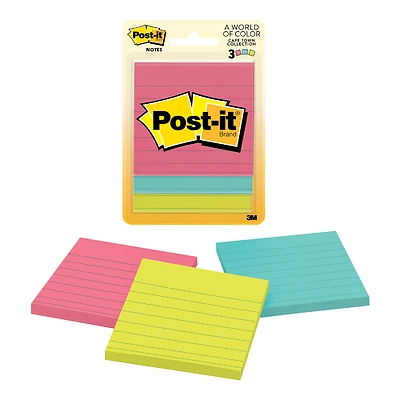 Post-it Ultra 6301 Sticky Notes, 3 x 3 In., Lined, Assorted, 3-Pack