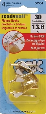OOK 50584 Picture Hanger, 30 lb, Steel, Brass, Gold, 4/PK
