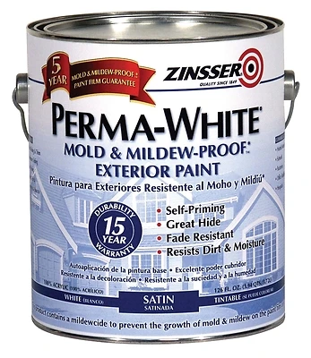 Zinsser 3101 Perma-White Satin Exterior Paint, White, 1 Gallon
