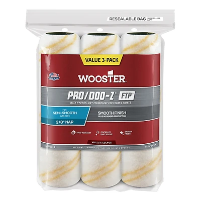 Wooster Pro/Doo-Z FTP RR663-9 Roller Cover, 3/8 in Thick Nap, 9 in L, Fabric Cover, White