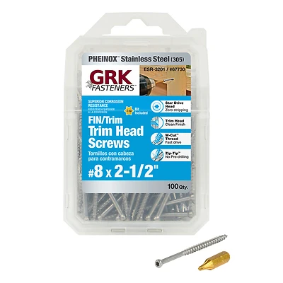 GRK Fasteners 67730 #8 x 2-1/2 In Star Drive Trim Head Screw, 305 Stainless, 100-Pack
