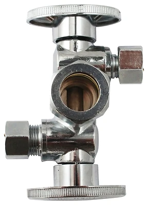 Keeney Dual Shut-Off Valve, 5/8 x 3/8 x 3/8 In, Brass, Quarter Turn