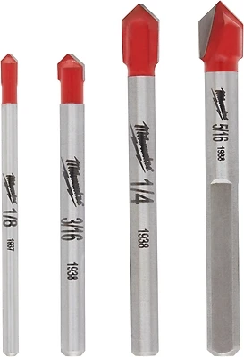 Milwaukee 48-20-8988 Carbide Glass and Tile Bit Set, 3-Flat Shank, 4-Piece