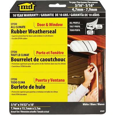 M-D 63669 All-Climate D-Profile EPDM Rubber Weatherstrip Tape, White, 10 ft.