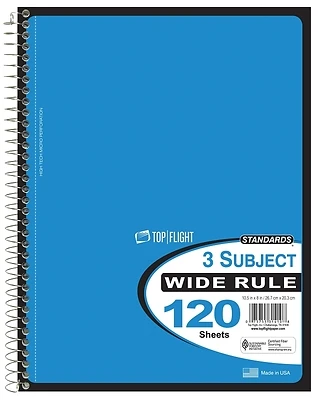 Top Flight 4511880 Wide Rule Wirebound Notebook, 120 Sheets, 10.5 x 8 In.