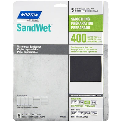 Norton SandWet 48060 Sanding Sheet, 400 Grit, 11 x 9 In., 5-Pack