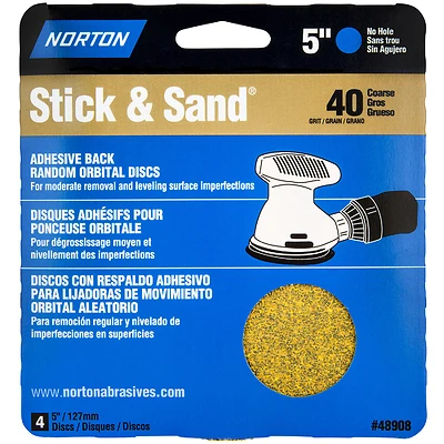 Norton Stick & Sand 07660705456 Sanding Disc, 5 In., 40 Grit, Adhesive