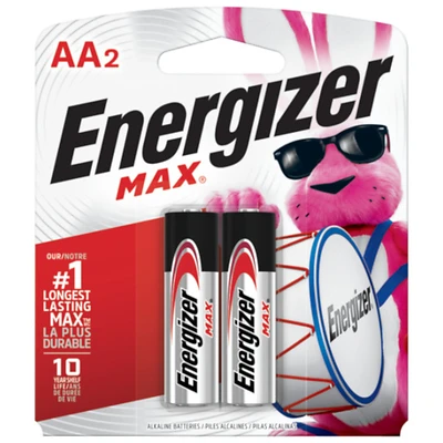 Energizer E91 Series E91BP-2 Battery, 1.5 V Battery, 2850 mAh, AA Battery, Alkaline, Manganese Dioxide, Zinc, Silver