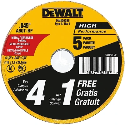 DEWALT DW8062B5 Cutting Wheel, 4-1/2 in Dia, 0.045 in Thick, 7/8 in Arbor, 60 Grit, Aluminum Oxide Abrasive
