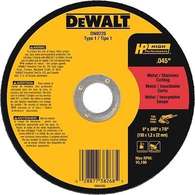DeWalt DW8725 Metal/Stainless Cutting Wheel, 6 x .040 x 7/8 In.
