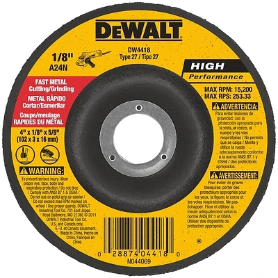 DeWalt DW4418 Metal Grinding Wheel, 4 In. x 1/8 In. x 5/8 In., 24 Grit
