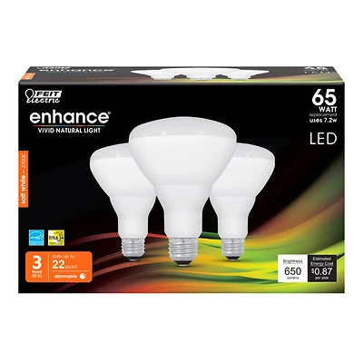 Feit Electric BR30DM/927CA/3 LED Bulb, Soft White, 65W Equivalent, Dimmable, 3-Pk