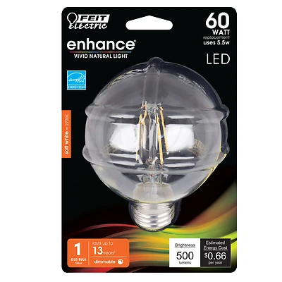Feit Electric BPG2560/927CA/FIL LED Globe Light Bulb, G25, 5.5W, Soft White, Dimmable