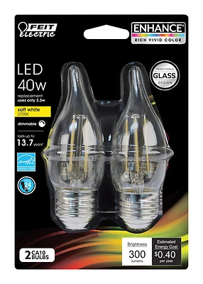 LED Chandelier Light Bulbs, Flame Tip, Soft White, 300 Lumens, 3.3-Watts, 2-Pk.