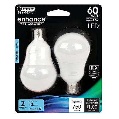 Feit Electric A15 LED Filament Bulb, Daylight, Candelabra, 60W Equiv, 2-Pk