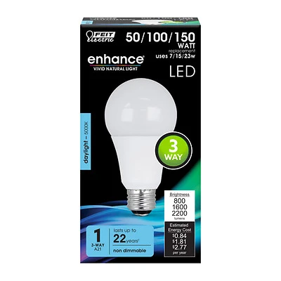 Feit Electric A21 LED Bulb, 3-Way, Daylight, 50/100/150W Equivalent